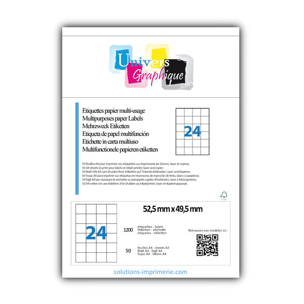 Lot de 50 planches a4 de 24 étiquettes à bords vifs 52 5 x 49 5 mm en papier blanc 70g/m² multifonction