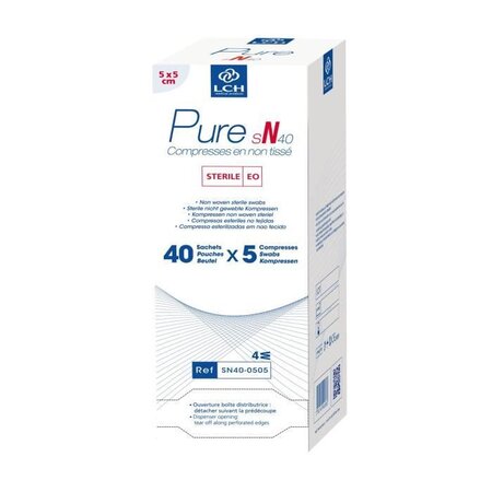 Lot de 30 boites de 200 Compresses PURE Non tissé stérile 40g - 5x5 cm - Boite de 40 sachets de 5 compresses