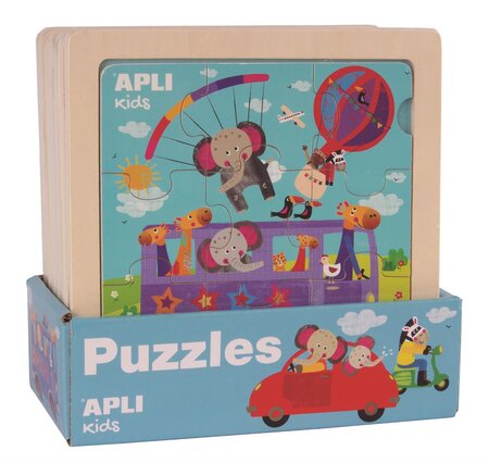 Présentoir 9 puzzles en bois 3 thèmes : camion, bus, voiture APLI