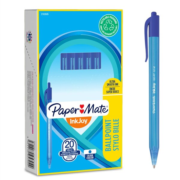 Stylo à bille Rétractable InkJoy 100 RT Pointe Moyenne Bleu x 20 Paper Mate