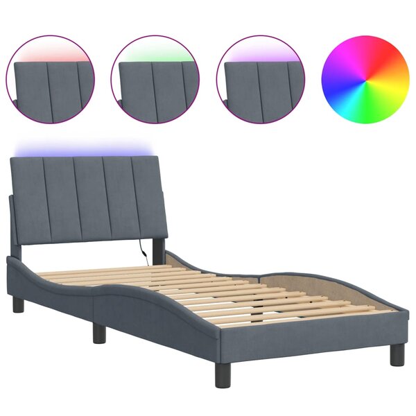 vidaXL Cadre de lit avec lumières LED gris foncé 90x200 cm velours