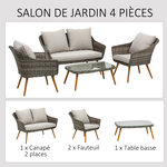 Salon de jardin 4 places 4 pièces design scandinave métal époxy résine tressée imitation rotin coussins inclus gris