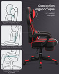 Fauteuil gamer chaise gaming siège de bureau réglable avec repose-pieds télescopique ergonomique mécanisme basculent appui-tête support lombaire charge 150 kg noir et rouge 12_0005909