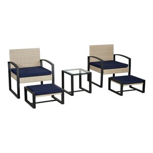 Salon de jardin 5 pièces avec table 2 chaises 2 repose-pieds aspect rotin bleu marine noir 03_0010535