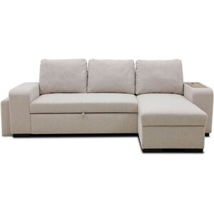 Canapé d'angle convertible réversible VALDO 3-4 places - Beige - Tablette avec USB - Coffre + Pouf - 247 x 143 x 86 cm