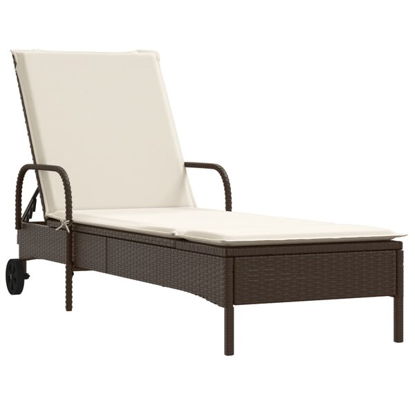 vidaXL Chaise longue avec roues et coussin marron résine tressée
