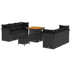 Canapé de jardin 9 pièces avec coussins Noir Rotin poly Acacia