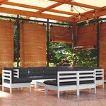 vidaXL Salon de jardin 10 Pièces avec coussins blanc bois de pin solide