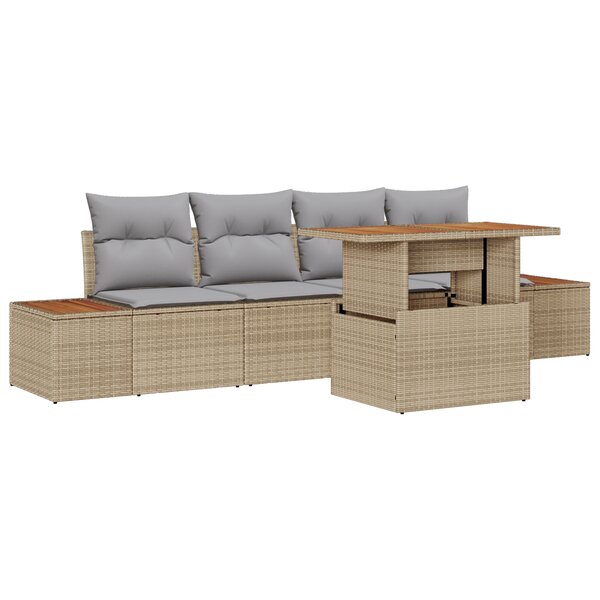 vidaXL Ensemble de jardin 5 pièces avec coussins en rotin poly beige et acacia