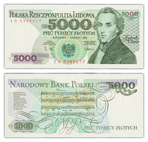 Billet de collection 5000 zlotych 1988 pologne - neuf - p150c
