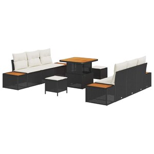 vidaXL Ensemble de canapé de jardin avec coussin 9 Pièces Noir Poly rotin