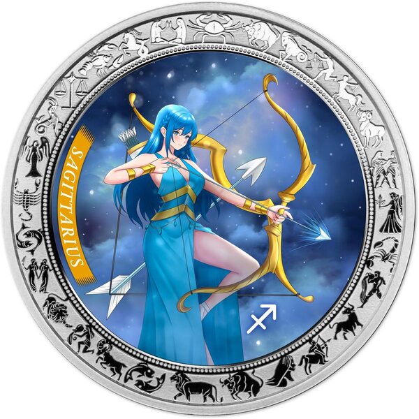 Pièce de monnaie en Argent 5 Cedis g 31.1 (1 oz) Millésime 2025 Anime Zodiac SAGITTARIUS