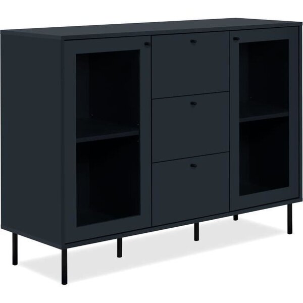 Buffet salle à manger CARACAS - bleu navy - 2 portes vitrées + 3 tiroirs - 120 x 90 x 40 cm
