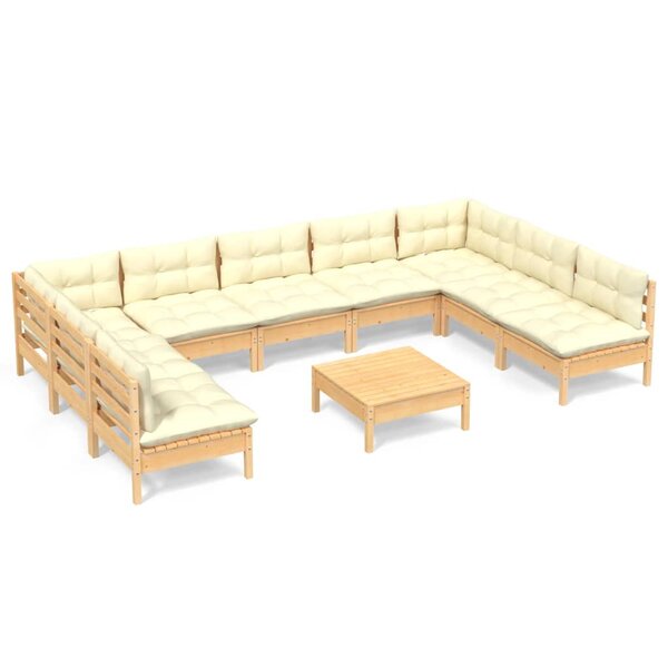 vidaXL Salon de jardin 10 Pièces avec coussins crème bois de pin massif