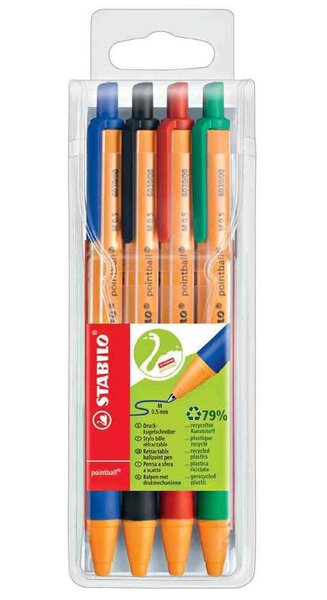 Pochette de 4 Stylos Bille Rétractable POINTBALL Tracé 0 5 mm couleurs assorties STABILO