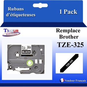 Ruban d'étiqueteuse compatible avec Brother Tze325  Tze-325 pour étiqueteuses P-touch - Texte blanc sur fond noir - Largeur 9 mm x 8 mètres - T3AZUR