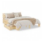 Lit en Bois 140x200 cm Naturel - Lit Double avec 2 Tiroirs de Rangement - avec Matelas - Massif