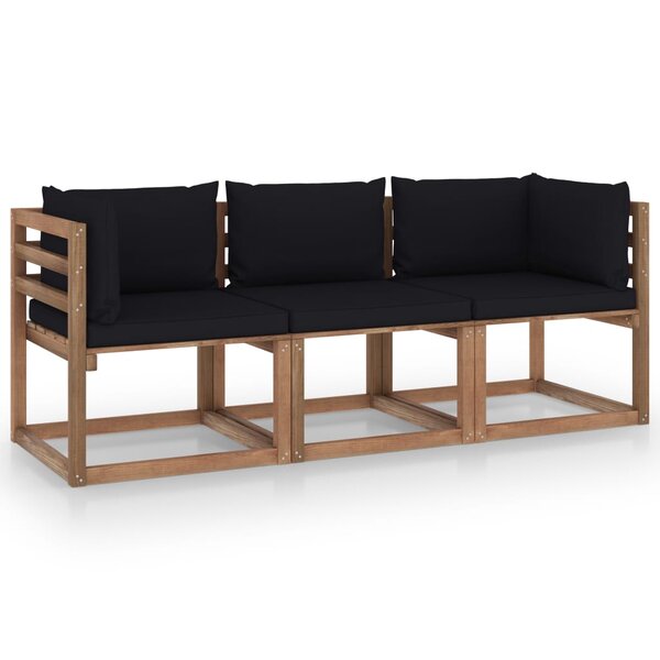 vidaXL Canapé palette de jardin 3 places et coussins noir Pinède