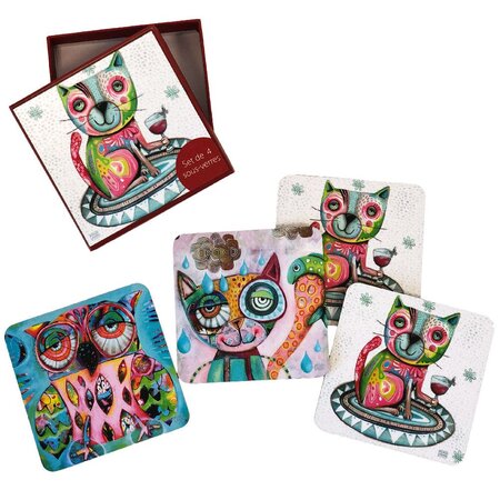 4 sous verres Allen Chats et Hiboux