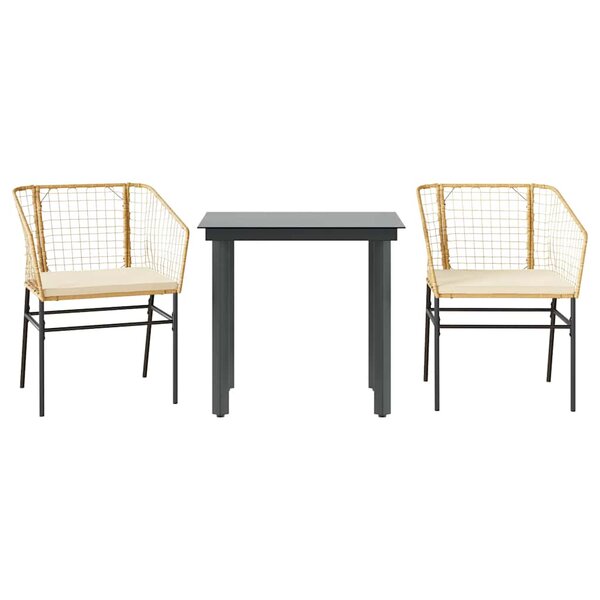vidaXL Ensemble à manger jardin coussins 3Pièces marron poly rotin verre
