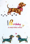69-3125 Carte Anniversaire Animaux Chiens Saucisses Teckels Amoureux Mignons Bandanas Peinture Aquarelle - Finitions Dorure Or Doré + Gaufrage en Relief +1 Enveloppe Format 12x17cm -Fabriqué en Europe