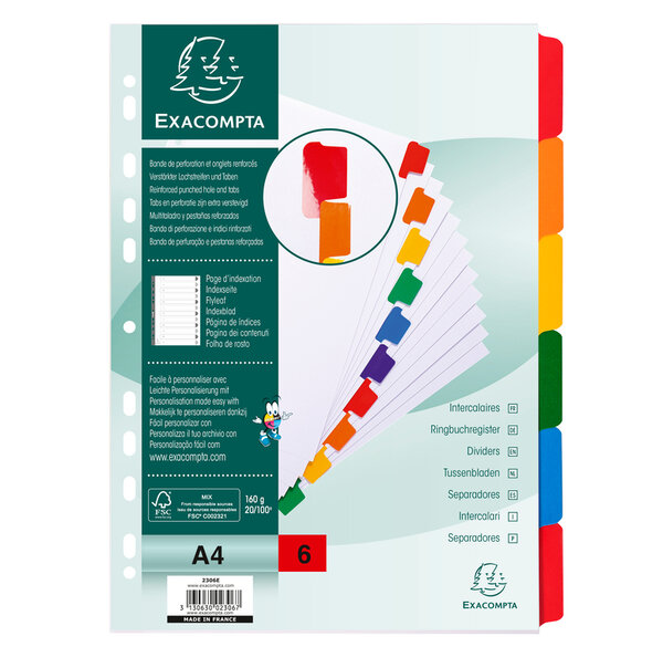 Jeu d'intercalaire 6 positions en carte blanche 170g  onglets Mylar®. Format A4. EXACOMPTA