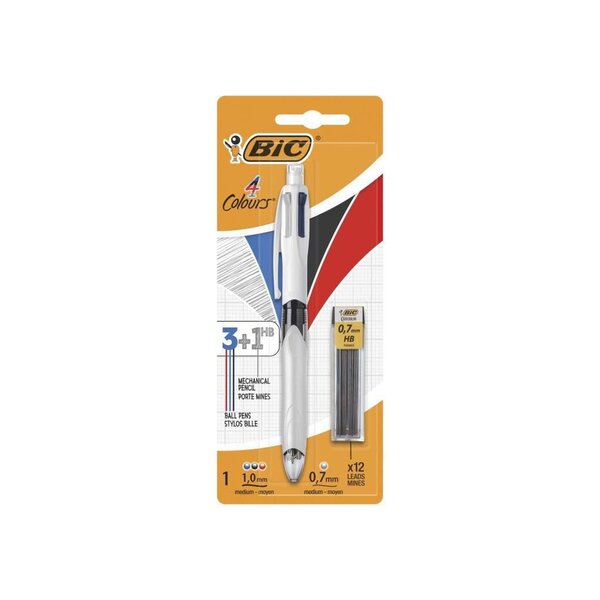 BIC 4 Couleurs 3+1 HB Stylo-Bille et Porte-Mines - Blister de 1 + 12 Mines 0,7 mm HB