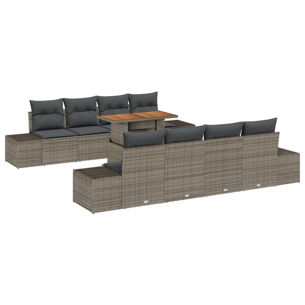 vidaXL Ensemble de jardin 9 pièces avec coussins en poly rotin gris et acacia