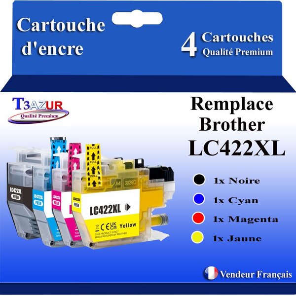 T3AZUR- Lot de 4 Cartouches compatibles avec Brother LC422 XL pour Brother MFC-J5740DW MFC-J6540DW MFC-J6540DWE