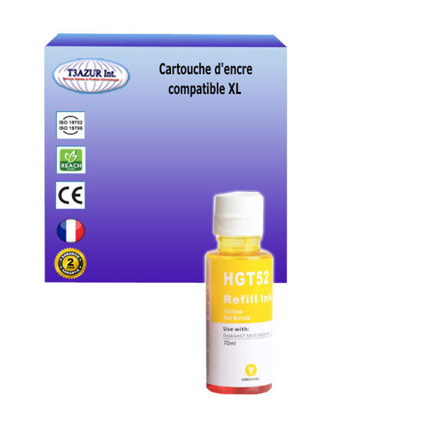 Bouteille d'encre compatible avec HP Smart Tank 610, 615, 617, 618 remplace HP GT52- Jaune - 70ml - T3AZUR