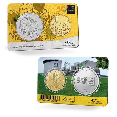 Pièce de monnaie 50 cent + médaille Vincent Van Gogh Pays-Bas 2023 BU en coincard