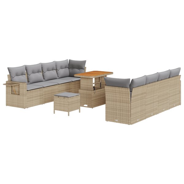 vidaXL Set de canapés de jardin 11 pièces avec coussins beige en poly rattan et acacia