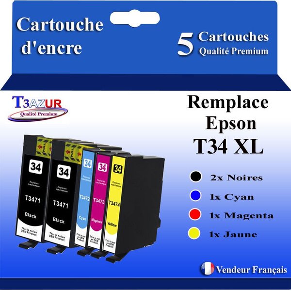 T3AZUR- 5x Cartouches Compatibles avec Epson 34XL 34 XL remplace Epson WorkForce Pro WF-3725DWF WF-3720DW WF-3720DWF