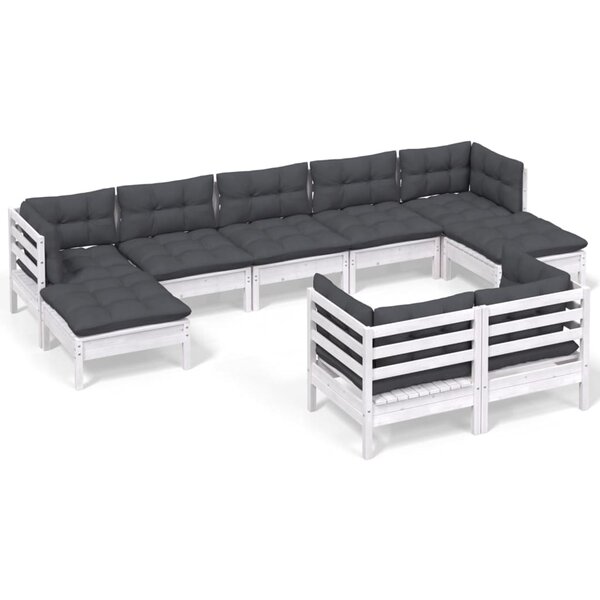 vidaXL Salon de jardin 9 Pièces avec coussins blanc bois de pin massif