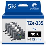 Pack de 5 Rubans adhésifs compatible avec Brother TZe335- Texte blanc sur fond noir - Largeur 12 mm x 8 mètres