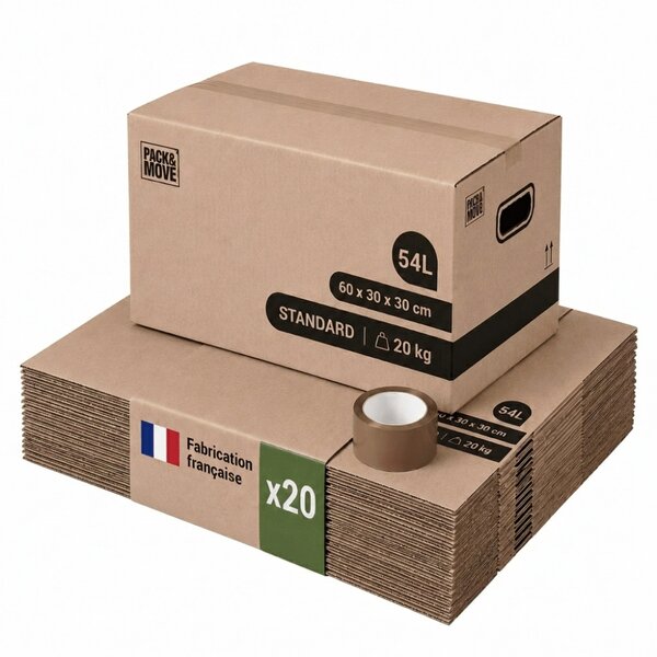 Pack and Move - Lot 20 cartons déménagement stockage standard - 60 x 30 x 30 cm - Poignées renforcées - 1 adhésif offert