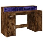 Bureau table poste de travail meuble d'ordinateur informatique étude et lumières LED chêne fumé 140 x 55 x 91cm bois d'ingénierie brun 02_0023784