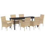 Ensemble de Salle à Manger de Jardin de 7 Pièces avec Coussins Beige en Poly Rattan