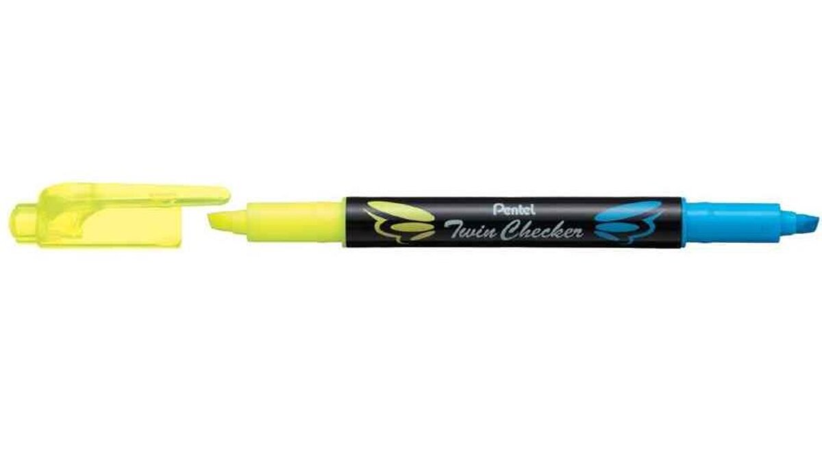 Pentel TWIN CHECKER Textmarker – 2 Spitzen (gelb/blau), Keilspitze 1,0 & 3,5 Mm