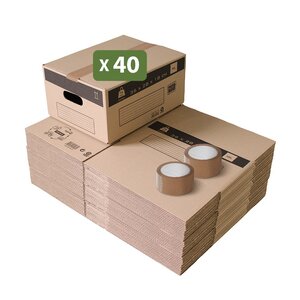 Pack and Move - Lot 40 cartons déménagement stockage S - 36 x 28 x 18 cm - Poignées renforcées - 2 adhésifs offerts