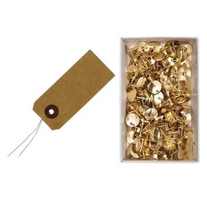 60 étiquettes kraft 9 x 4 cm + 150 punaises dorées