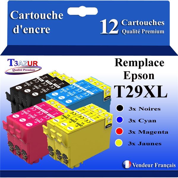 T3AZUR - 12x Cartouches compatibles avec Epson T2991  T2992  T2993  T2994  T29XL