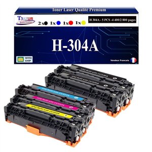 T3AZUR -5x Toners compatibles avec CC530A 304A pour HP Color LaserJet CP2000 CP2020 CP2024 CP2024DN CP2024N CP2025 CP2025DN CP2025N CP2025X - Magenta