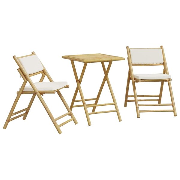 vidaXL Ensemble de bistro pliante 3 Pièces et coussins blanc crème bambou