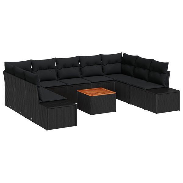 vidaXL Ensemble de canapés de jardin de 10 pièces avec coussins noir en poly rattan et acacia.