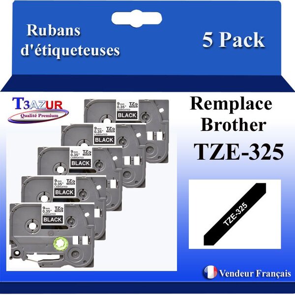 5x  Rubans d'étiqueteuses compatibles avec Brother Tze325  Tze-325 pour étiqueteuses P-touch - Texte blanc sur fond noir - Largeur 9 mm x 8 mètres - T3AZUR