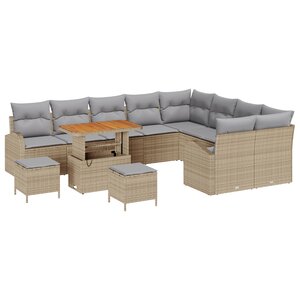Set de canapé de jardin de 12 pièces avec coussins Beige Poly Rotin Acacia