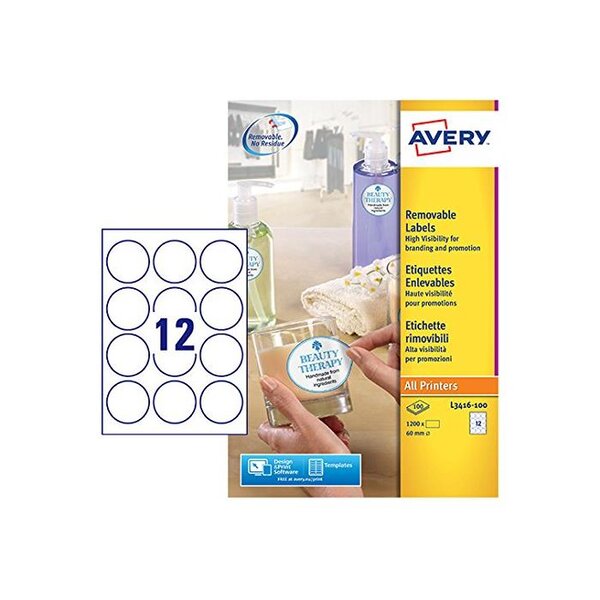 Paquet de 1200 etiquette marquage enlevable ronde 60 mm sur 100 feuilles blanc avery zweckform