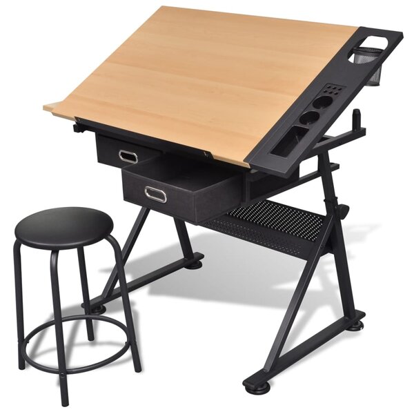 vidaXL Table à dessin inclinable 2 tiroirs et tabouret