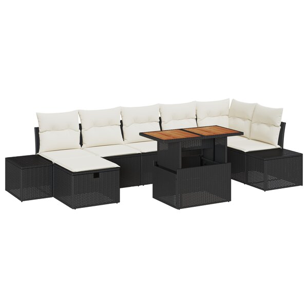 vidaXL Ensemble de jardin de 8 pièces avec coussins en rotin noir et acacia.